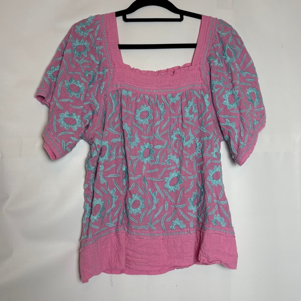 Sister Mary Womens Pink Turquoise Floral Embroidered Cotton Boho Blouse Medium